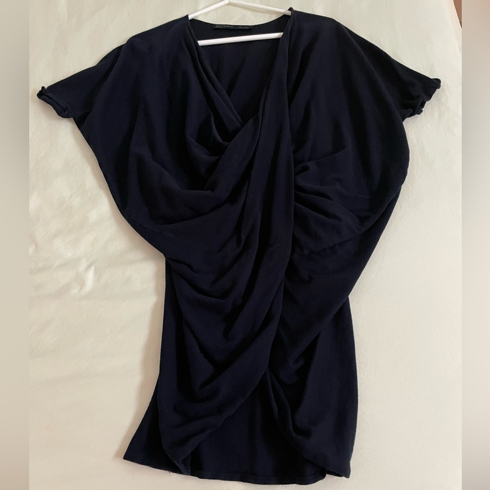 ALL SAINTS Cowl Neck Tunic-Style Draped Sweater, Short Sleeve, Dark Navy, Small